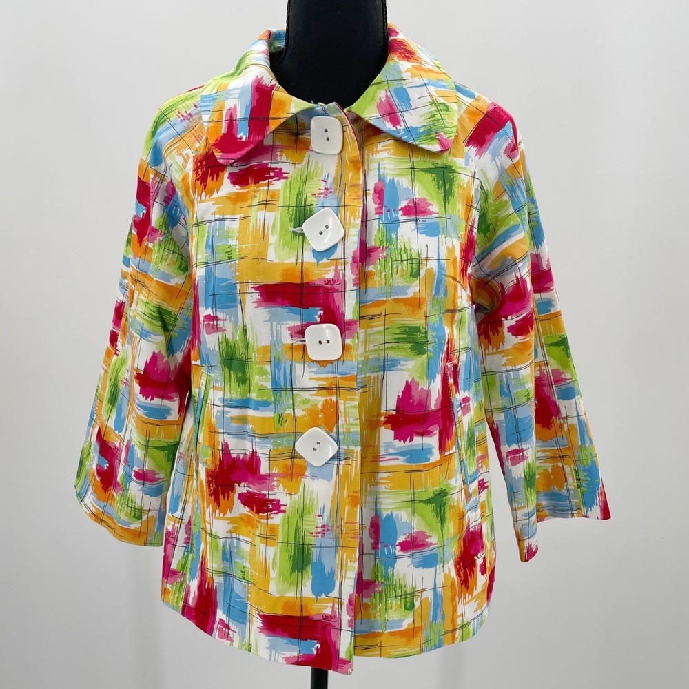 Appraisal Womens Small Multicolor Abstract Print Button Front Jacket 3/4‎ Sleeve